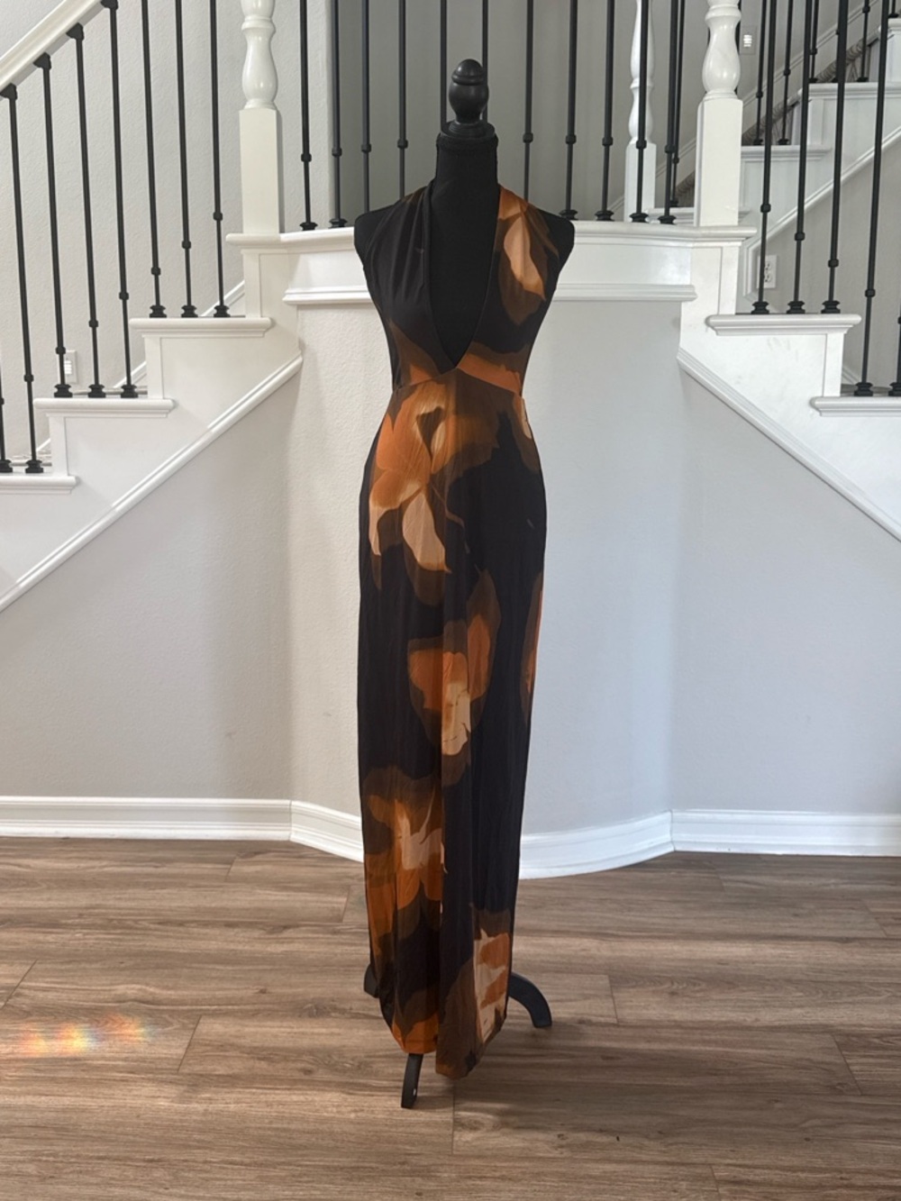 AFRM Genie Halter Maxi Dress in Black & Orange Blur - Picture 3 of 6